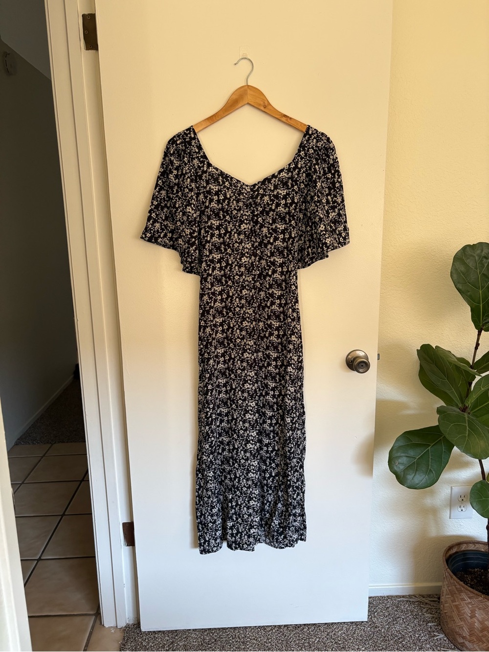 Black & white floral midi dress with flutter sleeves